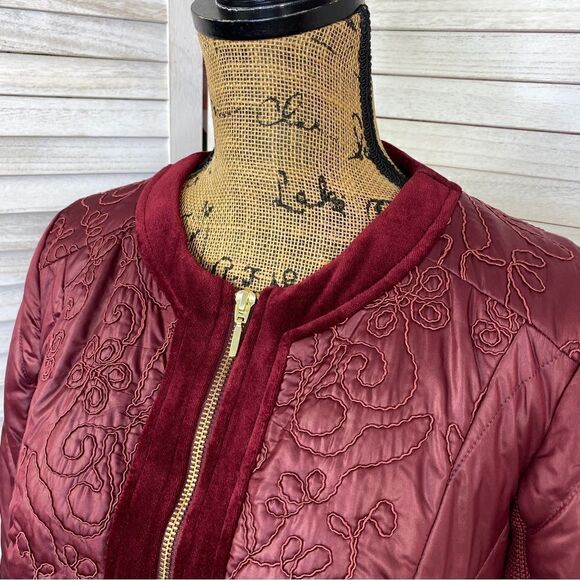 Zenergy by Chico’s Quilted Embroidered Puffer Moto Jacket Maroon Red Small - Picture 5 of 16